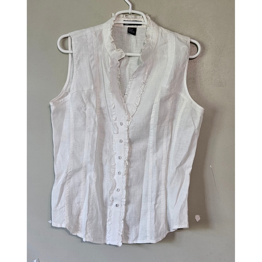 Vintage Carole Little White 100% Linen Ruffle Pintuck Sleeveless Blouse Top L